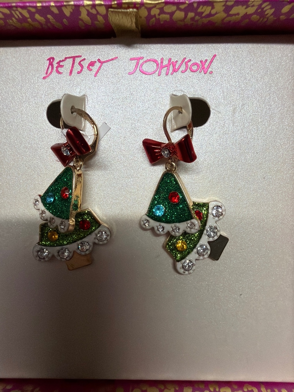 Betsey Johnson Christmas Tree Dangle Earrings with Red Bows